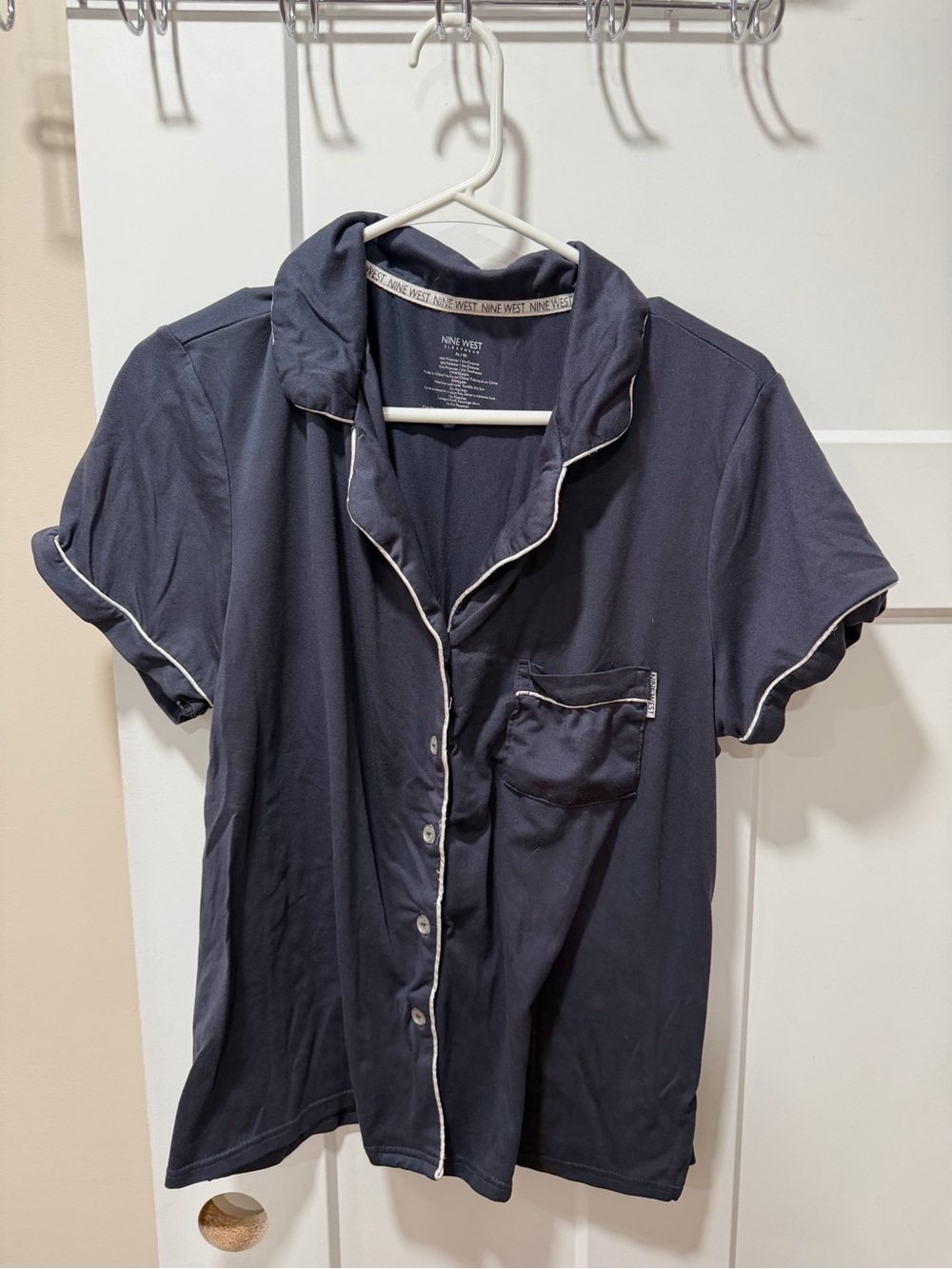 Nine West Navy Short-Sleeve Button-Down Pajama Set with White Piping & Pants